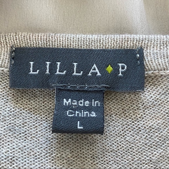 Anthro Lilla P Heather Oatmeal Sweater w Pleated, Flowing Back, Mixed Media Lrg. - Picture 2 of 6